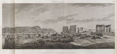 Île de Philæ. Vue des monuments de l'île et des montagnes de granit qui l'environnent.