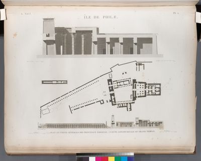 Île de Philæ. 1. Plan et coupe générale des principaux édifices; 3. Coupe longitudinale du Grand Temple.