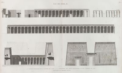 Île de Philæ. 1,6. Coupe et élévation de la galerie de l'est; 2,3,4,5. Élévations des deux colonnades et de l'édifice du sud; 7. Élévations du premier pylône.