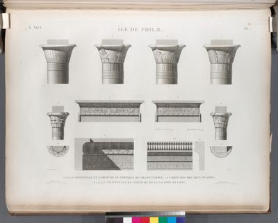 Île de Philæ. 1.2.3.4.11. Chapiteaux et corniche du portique du Grand Temple; 5.6. Corniches des deux pylônes; 7.8.9.10.12.13. Chapiteaux et corniche de la galerie de l'est.