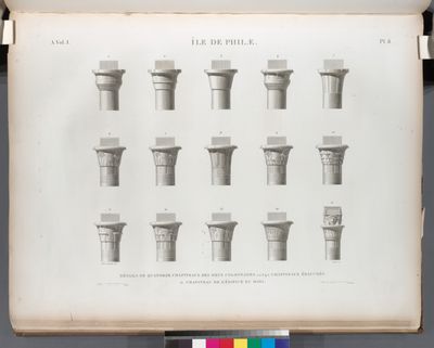 Île de Philæ. Détails de quatorze chapiteaux des deux colonnades. 1.2.3.4.5. Chapiteaux ébauchés; [6]-15. Chapiteaux de l'édifice du midi.