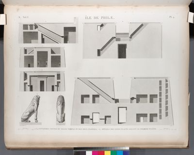 Île de Philæ. 1-5. Diverses coupes du Grand Temple et des deux pylônes; 6.7. Détails des lions placés devant le premier pylône.