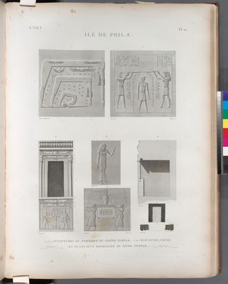 Île de Philæ. 1-4. Sculptures du portique du Grand Temple; 5-7. Élévation, coupe et plans d'un monolithe du même temple.