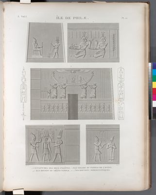 Île de Philæ. 1.3. Sculptures des deux pylônes; 2. Bas-relief du temple de l'ouest; 4.5. Bas-reliefs du Grand Temple; 6-11. Inscriptions hiéroglyphiques.