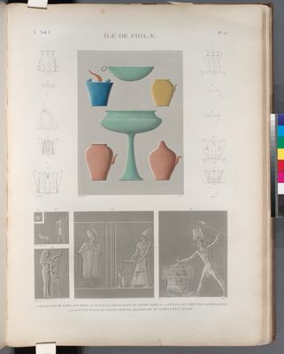 Île de Philæ. 1. Collection de vases coloriés, sculptés et peints dans le Grand Temple; 2-11. Détails de coeffures symboliques; 12.13.15.16. Sculptures du Grand Temple; 14. Bas-relief du temple de l'ouest.