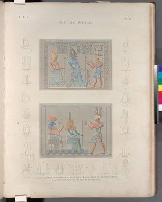 Île de Philæ. 1.2. Bas-reliefs coloriés, sculptés sous de portique du Grand Temple; 3-24. Détails de coeffures symboliques.