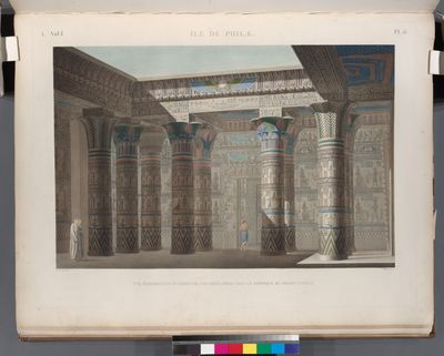 Île de Philæ. Vue perspective intérieure coloriée, prise sous le portique du Grand Temple.