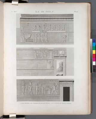 Île de Philæ. 1.2. Bas-reliefs de l'édifice ruiné de l'ouest; 3. Sculpture de Grand Temple.