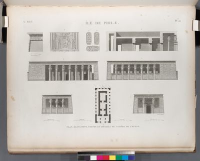 Île de Philæ. Plan, élévations, coupes et détails du temple de l'ouest.