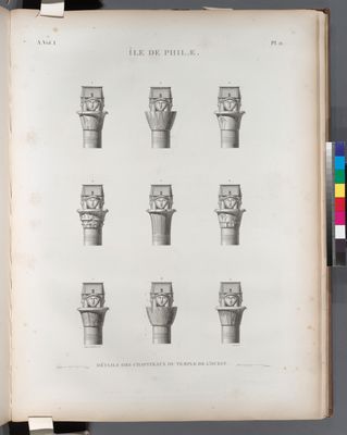Île de Philæ. Détails des chapiteaux du temple de l'ouest.