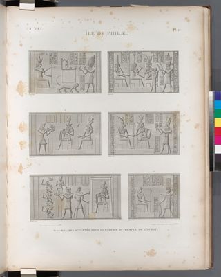 Île de Philæ. Bas-relliefs sculptés sous la galerie du temple de l'ouest.