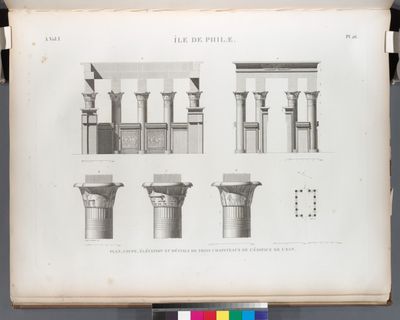 Île de Philæ. Plan, coupe, élévation et détails de trois chapiteaux de l'édifice de l'est.