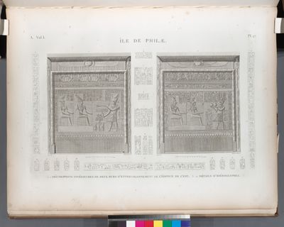 Île de Philæ. 1.2. Décorations intérieurs de deux murs d'entrecolonnement de l'édifice de l'est; 3-22. Détails d'hiéroglyphes.