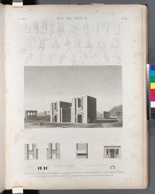 Île de Philæ. 1-27. Détails de coeffures symboliques; 28.29. Plan et élévation d'un petit portique a l'est du Grand Temple; 30-33. Plan, élévation, coupe et vue perspective d'une construction romaine.
