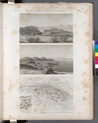 Île d'Éléphantine et environs. 1-3. Vue et plans de la cataracte de Syène [Aswân] et des environs; 4. Vue des ruines d'Éléphantine.