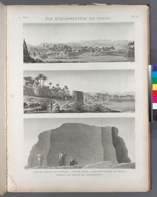 Île d'Éléphantine et Syène [Aswân]. 1. Vue de l'île et des environs; 2. Vue de Syène; 3. Vue d'un rocher de granit portant les traces de l'exploitation.