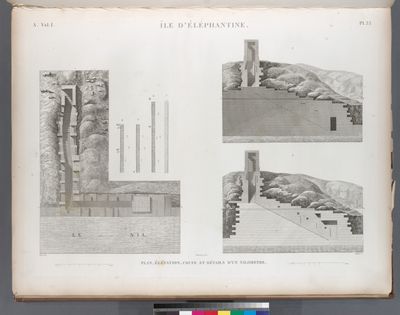 Île d'Éléphantine. Plan, élévation, coupe et détails d'un nilometre.