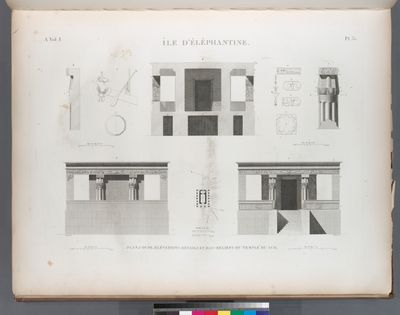 Île d'Éléphantine. Plan, coupe, élévations, détails et bas-reliefs du temple du sud.
