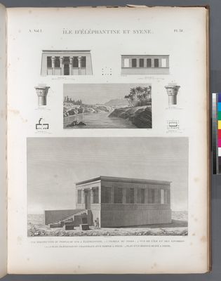 Île d'Éléphantine et Syène [Aswân]. 1. Vue perspective du temple du sud à Éléphantine; 2.3. Temple du nord; 4. Vue de l'île et des environs; 5-8. Plan, élévation et chapiteaux d'un temple à Syène; 9. Plan d'un édifice ruiné à Syène.