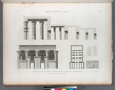 Koum Omboû (Ombos). 1-3. Plan, coupe, et élévation du Grand Temple; 4. Bas-reliefs du même temple; 5.6. Détails d'hieroglyphes.