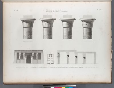 Koum Omboû (Ombos). 1-4. Chapiteaux du Grand Temple; 5-7. Plan, élévation et coupe du Petit Temple.