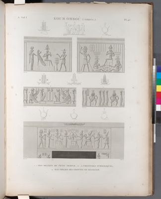 Koum Omboû (Ombos). 1-5. Bas-reliefs du Petit Temple; 6-13.15. Coeffures symboliques; 14. Bas-reliefs des grottes de Selseleh.