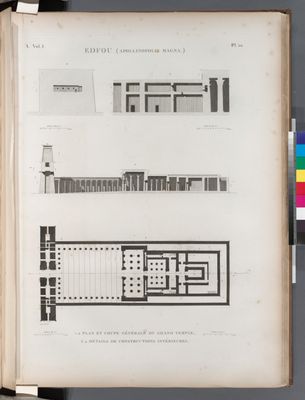 Edfou [Idfû] (Apollinopolis Magna). 1.2. Plan et coupe générale du Grand Temple; 3.4. Détails de constructions intérieures