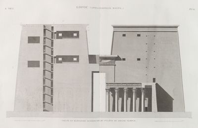 Edfou [Idfû] (Apollinopolis Magna). Coupe et élévation intérieure du pylône du Grand Temple