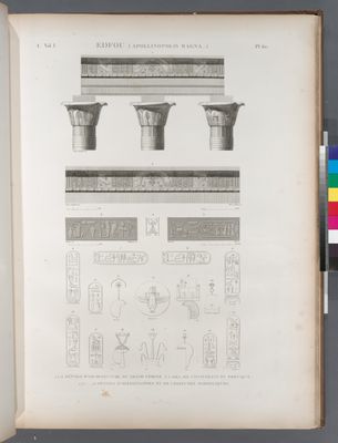 Edfou [Idfû] (Apollinopolis Magna). 1.2.12. Détails d'architecture du Grand Temple; 3.5. Dés de chapiteaux du portique; 4.6-22. Détails d'hiéroglyphes et de coeffures symboliques