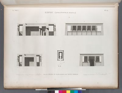 Edfou [Idfû] (Apollinopolis Magna). Plan, coupes et élévations du Petit Temple.