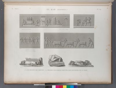 El Kab (Elethyia). 1-4. Bas-reliefs des grottes; 5-7. Fragmens de statues trouvées dans les ruines de la ville.