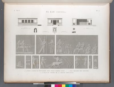 El Kab (Elethyia). 1-4. Plan, coupe et élévations d'un petit temple isolé; 5-15. Bas-reliefs des grottes; 16-18. Plan et coupes de la grotte principale.