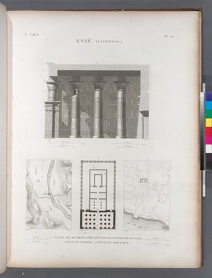 Esné [Isnâ] (Latopolis). 1.2. Plan des environs d'Esné et d'une partie de la ville; 3. Plan du temple; 4. Coupe du portique.