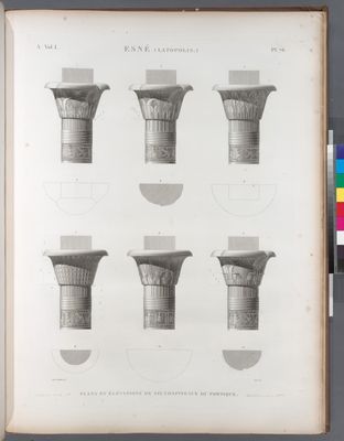 Esné [Isnâ] (Latopolis). Plan et élévations de six chapiteaux du portique.
