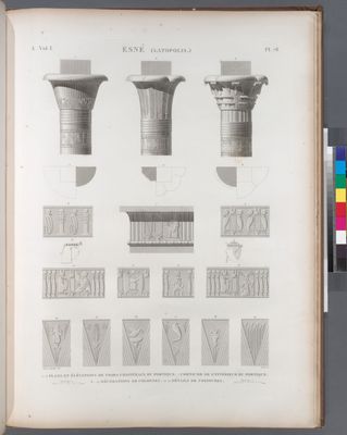 Esné [Isnâ] (Latopolis). 1-6. Plan et élévations de trois chapiteaux du portique; 7. Corniche de l'intérieur du portique; 8-19. Décorations de colonnes; 20.21. Détails de coeffures.