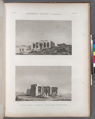 Environs d'Esné [Isnâ] (Latopolis). 1. Vue d'un temple à Contralato [Contra-Latopolis]; 2. Vue du temple au nord d'Esné.