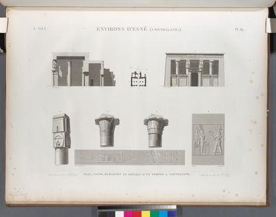 Environs d'Esné [Isnâ] (Contralato [Contra-Latopolis]). Plan, coupe, élévation et détails d'un temple à Contralato.