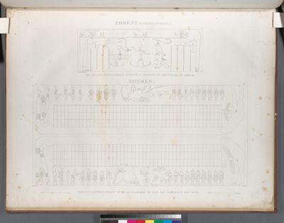 Erment [Armant] (Hermonthis). Bas-relief astronomique sculpté au plafond du sanctuaire du temple [outline]; Thebes. Tableau astronomique peint au plafond de l'un des tombeaux des rois.