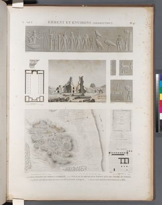 Erment [Armant] et environs (Hermonthis). 1-4. Bas-reliefs du temple d'Erment; 5-7. Vue, plan et détail d'un édifice bâti des débris du temple; 8.9. Plan général des ruines et d'un bassin antique; 10. Plan des restes d'un édifice à Tôd.