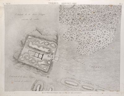 Thèbes. Medynet-Abou [Medinet Habu]. Plan topographique des ruines et des environs.