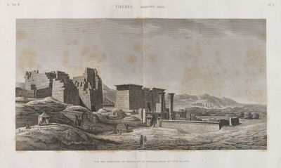 Thèbes. Medynet-Abou [Medinet Habu]. Vue des propylées du temple et du pavillon, prise du côté du sud.