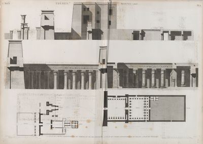 Thèbes. Medynet-Abou [Medinet Habu]. 1.4. Plan et coupe longitudinale du temple et de ses propylées; 2.3. Plan et coupe longitudinale du palais; 5. Plan du pavillon.