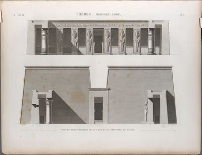 Thèbes. Medynet-Abou [Medinet Habu]. Coupes transversales de la cour et du péristyle du palais.
