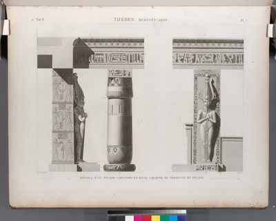 Thèbes. Medynet-Abou [Medinet Habu]. Détails d'un pilier caryatide et d'une colonne du péristyle du palais.
