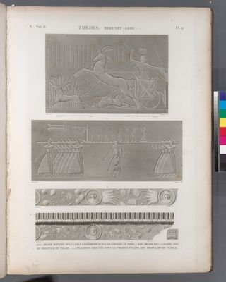 Thèbes. Medynet-Abou [Medinet Habu]. 1. Bas-relief sculpté sur la face extérieure du palais exposée au nord; 2. Bas-relief de la galerie-sud du péristyle du palais; 3.4. Fragmens trouvé sous le premier pylône des propylées du temple.