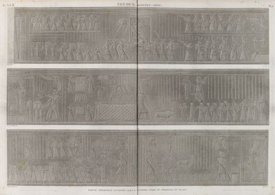 Thèbes. Medynet-Abou [Medinet Habu]. Marche triomphale sculpté dans la galerie-nord du péristyle du palais.