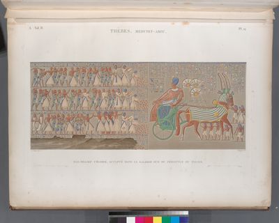 Thèbes. Medynet-Abou [Medinet Habu]. Bas-relief colorié, sculpté dans la galerie sud du péristyle du palais.
