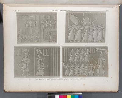 Thèbes. Medynet-Abou [Medinet Habu]. Bas-reliefs sculptés dans les galeries est et sud du péristyle du palais.