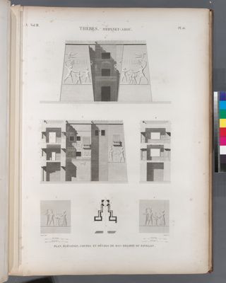 Thèbes. Medynet-Abou [Medinet Habu]. Plan, élévation, coupes et détails de bas-reliefs du pavillon.