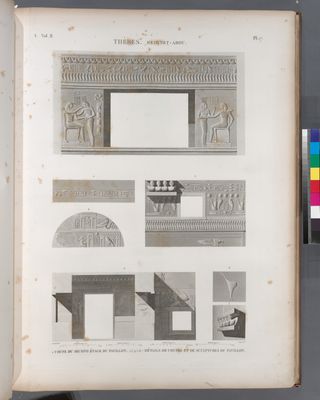 Thèbes. Medynet-Abou [Medinet Habu]. 1. Coupe du second étage du pavillon; 2-7. Détails de coupes et de sculptures du pavillon.